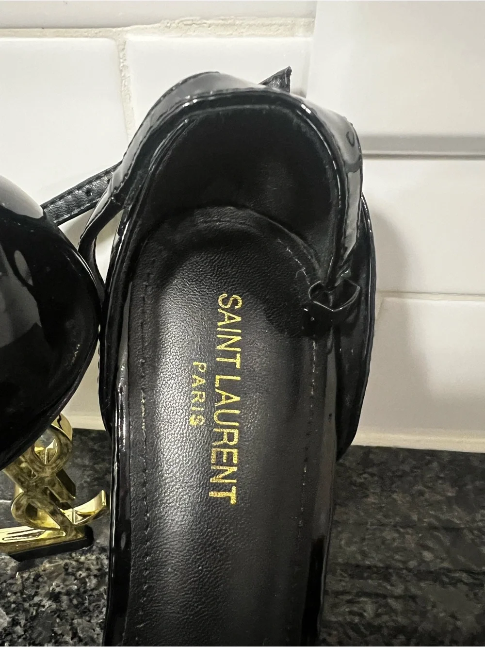Saint Laurent Black Patent Leather Sandals with Gold YSL Logo Heel - Picture 2 of 6